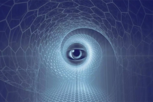 A human eye in the center of a blue hexagon gri.