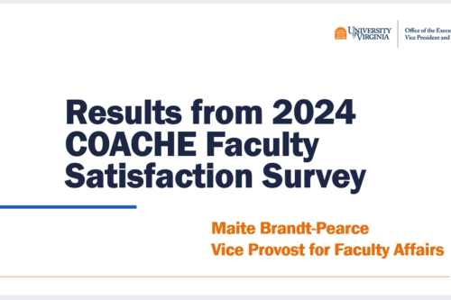 Screen shot of first slide of the presentation that reads, "Results from 2024 COACHE Faculty Satisfaction Survey"