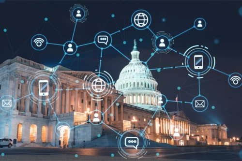 U.S. Capitol building with a furturistic connections of technology icons.