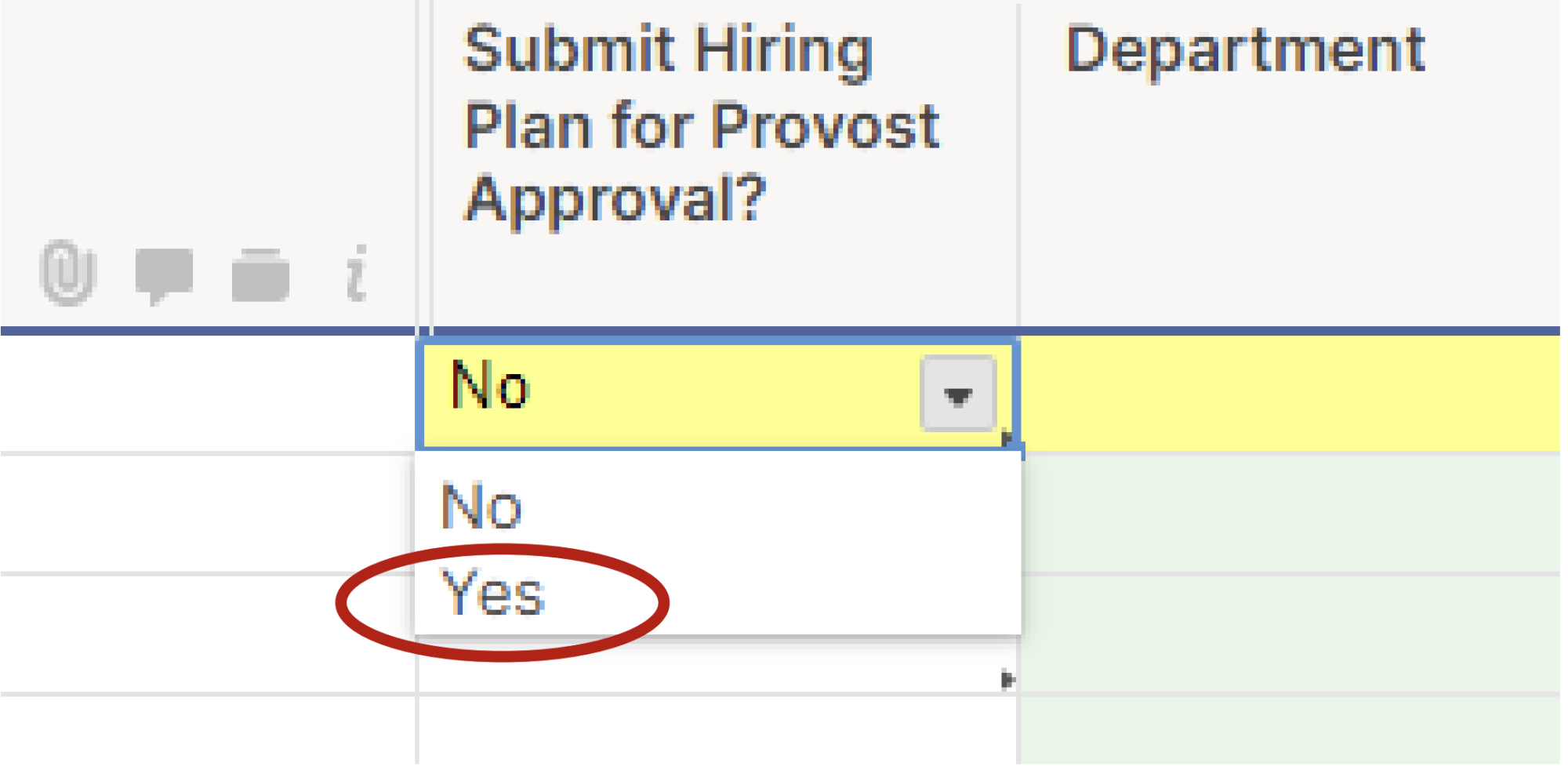 showing question "Submit Hiring Plan for Provost Approval?" with drop down options of "No" and "Yes" with a red circle around "Yes"