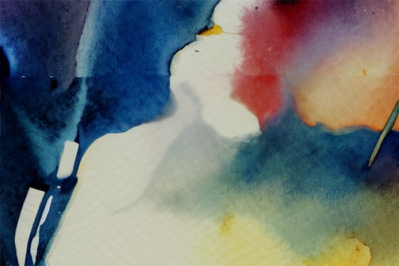 watercolor painting using dark blue, yellow, orange, and green