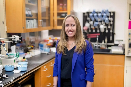 Professor Silvia Salinas Blemker standing in lab with cabinets and lab tools behind her.